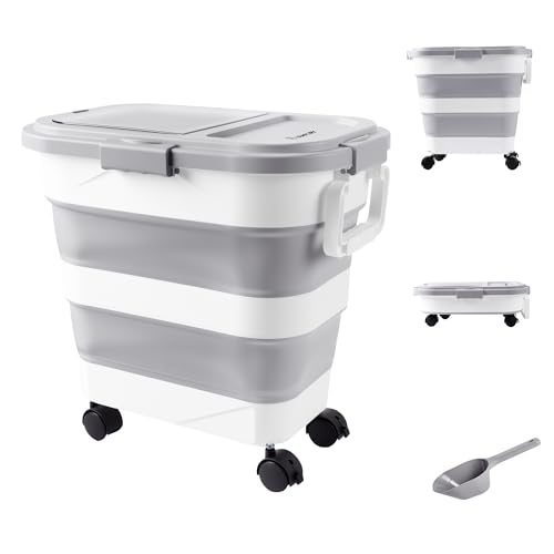 Dog Food Storage Container 30-40lbs, Airtight Pet Food Bin with Locking Lid & Clear Window, Collapsible Rolling Storage Container with Wheels and Scoop, Gray by Leafory - Used condition - CA$45.99