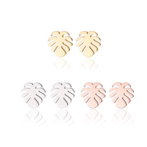 Simple Stainless Steel Monstera Leaves Stud Earring for Women and Mens Punk Tropical Jewelry Gifts-3 pairs