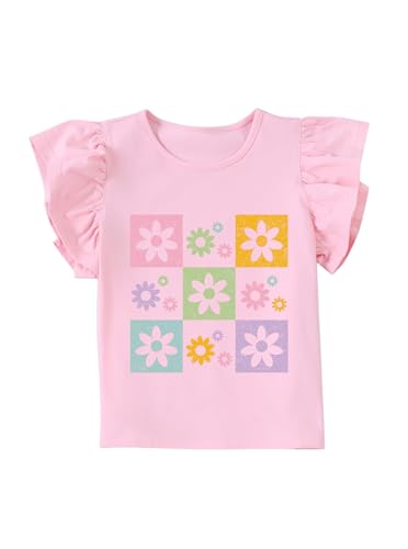 Image of Girls' Summer Shirts Flower Graphic Tees Ruffle Sleeve Crew Neck Casual Cute Tops Pink 11-12Y