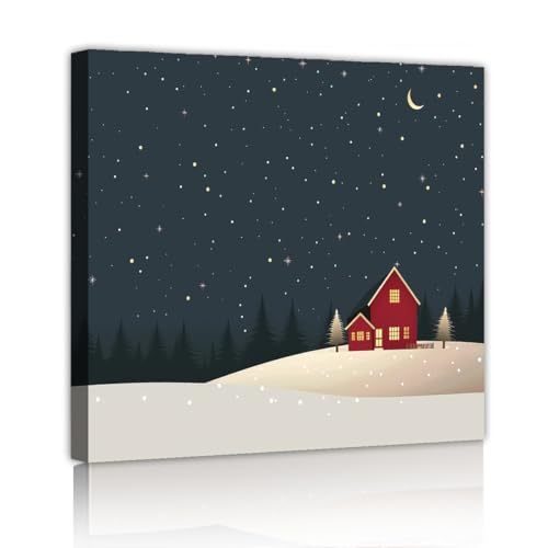 ミニマリストスタイル冬の夜のキャンバスウォールアート雪に覆われた風景キャビンクリスマスアートワークプリントポスター絵画リビングルームの家の装飾95x95cmインナーフレーム