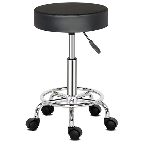 GLARRY Tabouret de Bar, Tabouret de Bureau à roulettes Rotation à 360° Hauteur Réglable, pour Salon Bureau Massage Clinique - Coussin 8 cm, Noir