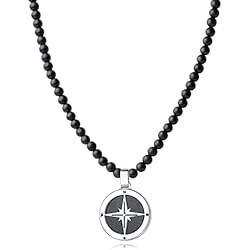 Collar Rosa De Los Vientos GAVU Collar de Hombres con Cuentas de Cristal de Ónice Mate y Acero Inoxidable con Colgante Brújula 50cm