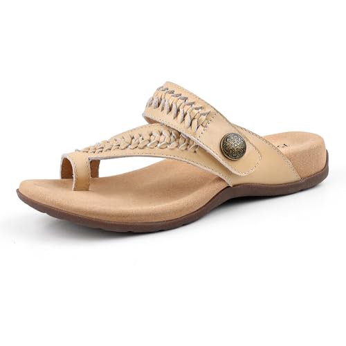 BCSTUDIO Women Comfort Adjustable Leather Flip Flop Sandals with Arch Support