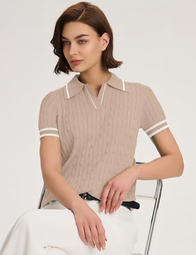 Image of Micoson Womens Short Sleeve Sweater Tops Lapel V Neck Polo Shirts 2026 Summer Cable Knit Loose Blouse Business Casual Outfits