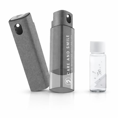 Care and Smile Screen Cleaner Spray Mist Sterilizing & Disinfecting Cleaning Solution with Microfiber Cloth Safe for Phones Laptops Tablets & TV Screens Includes Extra Refill Grey