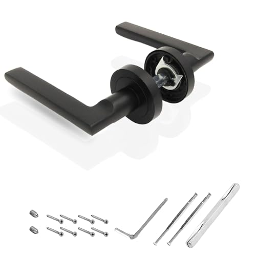 AZERODESIGN -Maneta Puerta -Manetas Puertas Interior Casa-Juego de Manivela Roseta Redonda 50 mm Diámetro -Largo de 115 mm -Color Negro Mate -Material Aluminio