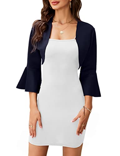 Image of Bolero Cardigans for Women, 3 /4 Sleeve Open Front Cropped Cardigan Soft Knit Bolero Shrug Jackets for Evening Dresses Navy Blue S