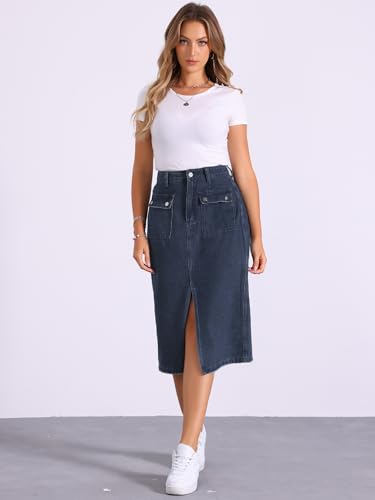 Allegra K Casual Jean Skirt for Women's High Waist Front Slit Split Hem Denim Skirts with Pockets4