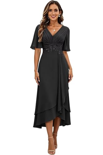 Image of Lace Applique Mother of Bride Dresses Chiffon Mother of the Groom Dresses Tea Length Formal Evening Dress with Sleeve