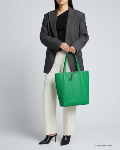 Image of Genuine Italian Leather Tote Bag for Women, Large Slouchy Purse, Green | Unstructured bag, raw unlined interior with zip pocket, top zipper, side ties, folds flat, fits a 16-inch laptop, lightweight