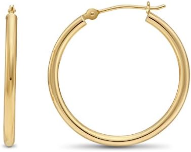 14k Yellow Gold 2mm Tube Polished Round Hoop Earrings, 25mm (1 inch Diameter)
