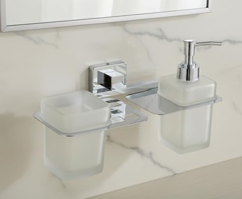 Image of Stainless Steel Toothbrush Holder with Glass Tumbler & Liquid Soap Dispenser Set - Wall Mounted 2-in-1 Bathroom Organizer, Chrome Finish (Square /Frosted Glass)