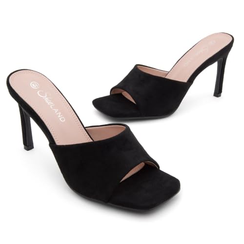 Image of Shoe Land Melrose Women's High Heels Stiletto Heeled Slides, Square Open Toe One Band Slip-On Heeled Mules - Dressy Clear Heeled Sandals for Prom Party Wedding and Vacation