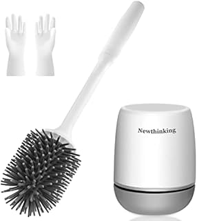 Newthinking Silicone Toilet Brush, Silicone Toilet Brush with Holder and TPR Soft Bristle, Wall Toilet Brush for Bathroom, Including Cleaning Gloves, Grey/White