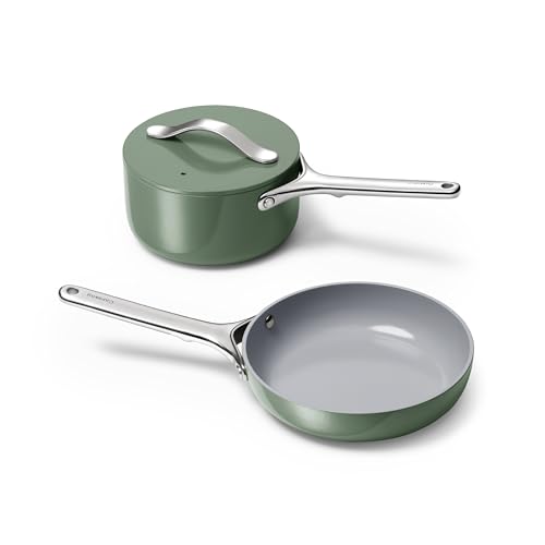 Caraway Mini Cookware Set – Non-Stick Ceramic Fry Pan (1.05 qt, 8″) Sauce Pan (1.75 qt) & Storage Rack – Non Toxic, PTFE & PFOA Free – Oven Safe & Stovetop Agnostic (Gas, Electric & Induction) – Sage