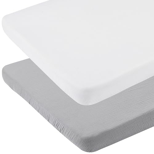 Image of Muslin Bassinet Sheets 33" x 19" Compatible with Mika Micky, KoolaBaby (3 in 1), BabyBond, HARPPA and RICUTON Bedside Bassinet, 2 Pack for Baby Boy and Girl, White and Grey
