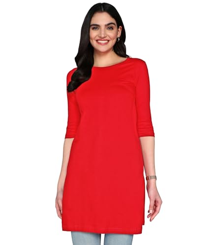 Image of FLEXIMAA Women's Cotton Plain Round Neck 3 /4 Sleeve Long Top