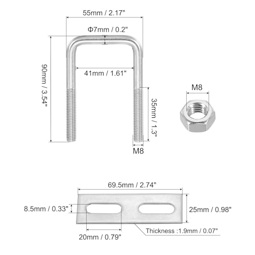 Image of PATIKIL M8x40x90mm Square U-Bolts Kit, 2Set 304 Stainless Steel Square U Shaped Bolts Replacement Parts with Frame Plates and Nuts for Ski Board Sailboat Trailer