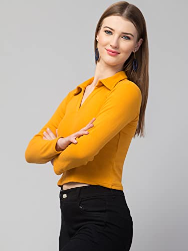 Image of Ribbed Polo Collar Full Sleeves Tops for Women