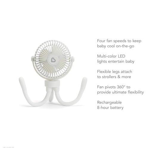 Image of Munchkin Stroller Fan - Portable Fan for Travel, Baby Gear Accessory with 4 Speeds, Flexible Clip-on Leg Attachment, Rechargeable Battery, White with Multicolored LED Lights