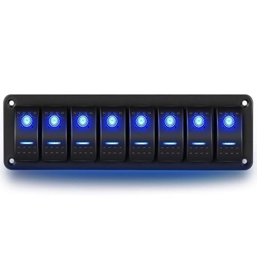 Greluma 1 Pieza Panel de interruptores basculantes de 8 posiciones, interruptor basculante precableado de encendido/apagado de 12 V-24 V DC, retroiluminado azul, para automóviles, barcos, caravanas