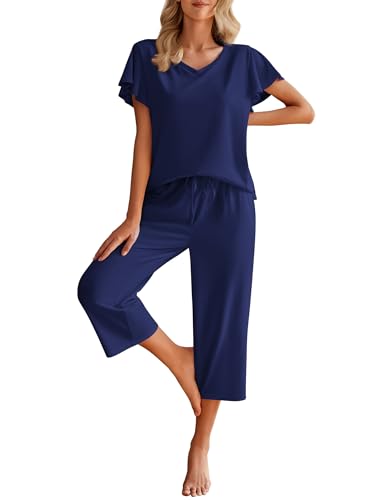 Image of Ekouaer Womens Cotton Pajamas Sets Short Sleeve Capri Pants with Pockets