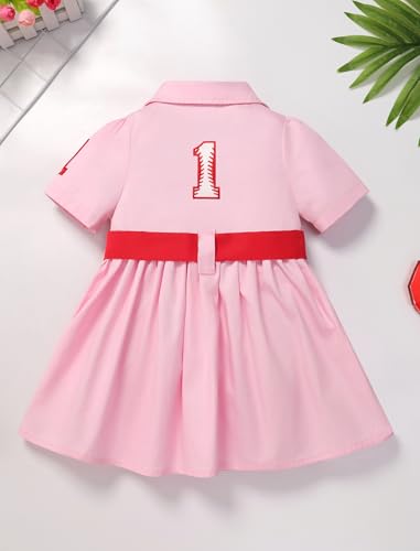 IMEKIS Toddler Baby Girls Baseball One Birthday Dress with Headband Short Sleeve Button Dresses Cake Smash Photo Shoot3