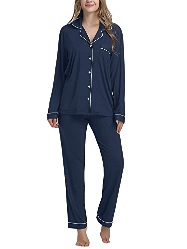 Image of Cherrydew Women's Bamboo Viscose Cooling Long Sleeve Button Up Pajama Set | Buttery-Soft Feel,Naturally Cool Comfort,Breathable Fabric,Lightweight & Flowy Feel