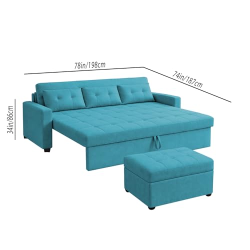 Image of Emilio 3 Seater with Ottomon Pull-Out Sofa Cum Bed (Turquise Color) Premium Fabric Sofa Set for Living Room | Bedroom