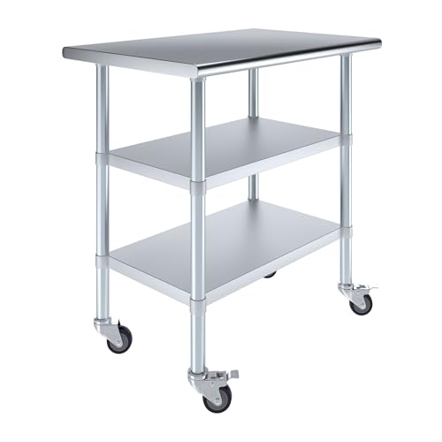 Image of AmGood Stainless Steel Work Table with 2 Shelves and Casters | Metal Utility Table On Wheels (Stainless Steel Work Table with 2 Shelves + Casters, 36 inch Long x 24 inch Deep)