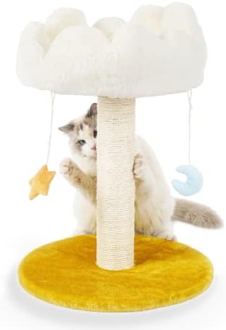Happi N Pets Cloud Cat Scratching Post with Bed, Cat Tree for Indoor Cats, Nature Sisal Cat Scratcher with Cat Cozy Fluffy Perch for Kitten & Adult Cats, Small Cat Tower with Balls, Stable Cat Stand