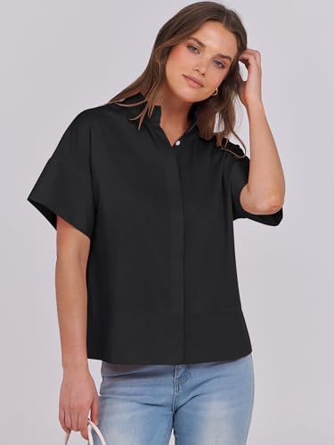 ANRABESS Women Short Sleeve Button Down Cropped Shirts Oversized Boxy Loose Fit Dressy Business Casual Office Work Top Blouse4