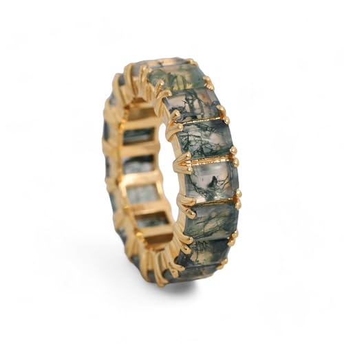 Emerald Cut Moss Agate Wedding Band Solid Yellow Gold Plated Natural Gemstone Gifts Personalized Custom Band Women Handmade Jewelry Alternative Fine Gold Band BY ABEST JEWELRY