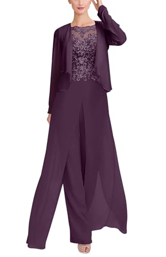 Mother of The Bride Jumpsuits for Wedding 3Pcs Lace Applique Pant Suits Wedding Guest Dresses for Women