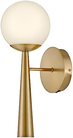 Lark Izzy Single Light Wall Sconce, Mount Up or Down, Cased Opal Glass Globe, On/Off Switch, Lacquered Brass