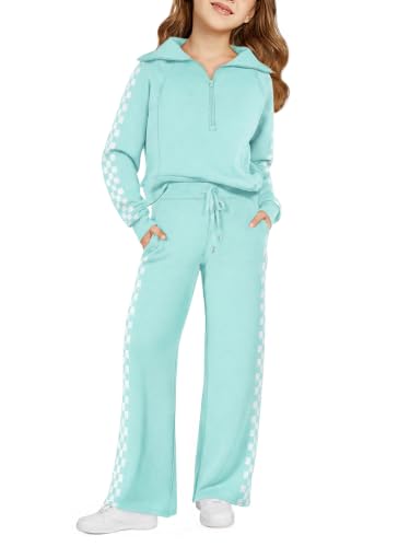 Image of Haloumoning Girls Sweatsuit 2 Piece Zip Long Sleeve Sweat Outfits | Half Zip,Waist drawstring,girls tracksuit
