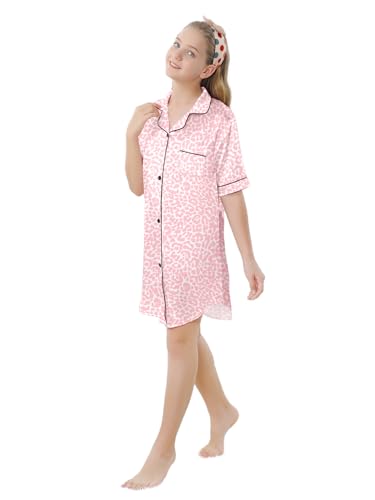 Image of Schbbbta Girls & Women Silk Nightgown, Short Sleeve Button Down Satin Nightshirt Pajama House Dress, 3 Years- Women 2XL
