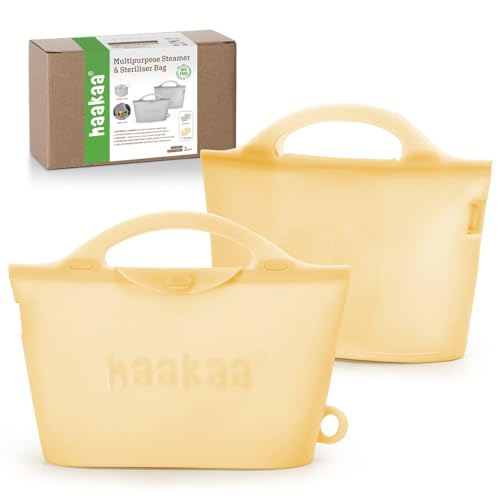 Haakaa Silicone Microwave Steamer & Steriliser Bag,70oz/2000ml Large Capacity Reusable Steaming Bags for Baby Bottles,Breast Pump/Accessories/Pacifiers/Teethers,Great for Home&On-The-Go,Pineapple/2PCS