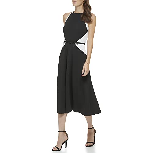 Dkny Women's Belted Midi Dress, Blk/Ivory, 10 #TOP1