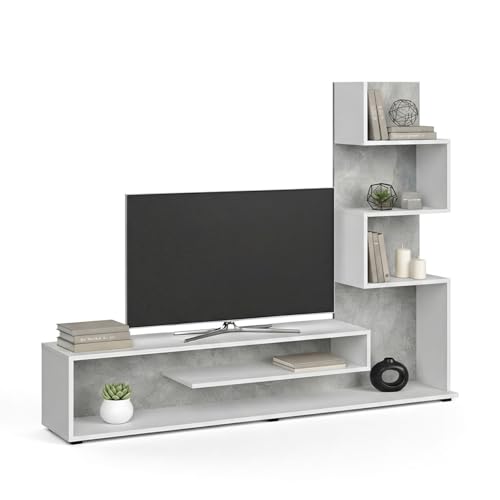 duehome | Mueble de Salón, Composición Modular de TV, Modelo Moobi 160, Acabado en Blanco y Microcemento, Medidas: 160 cm (Largo) x 29 cm (Fondo) x 124 cm (Alto)