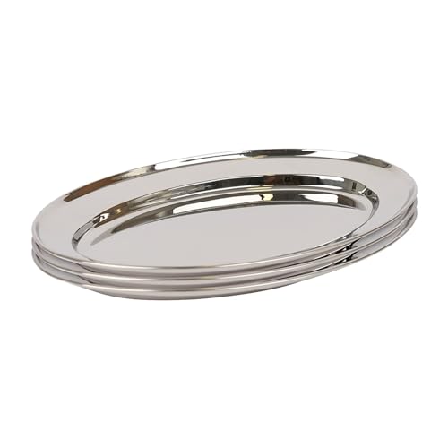 Argon Tableware 25 x 17cm Serving Platters - 3 Pack - Stainless Steel Chrome Dinner Tray Oval Plate Small Appetizer Serving Dishes for Party, Events, Table Service, Snack Platters
