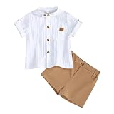 LUVCES Conjunto Ropa para Niños Pequeños Manga Larga Camisa Abotonada Tops y Pantalones Cortos con Botones y Bolsillos 2 Piezas Verano Chándal Traje Blanco 9-12 Meses