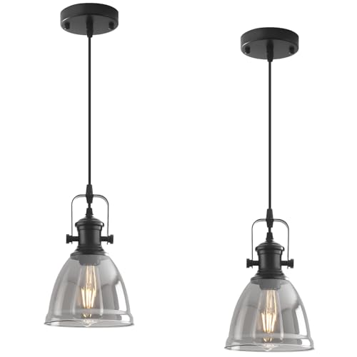 LWWHQ Black Pendant Lights Kitchen Island 2 Pack, 6.5' Modern Farmhouse Smoked Glass Pendant Light...