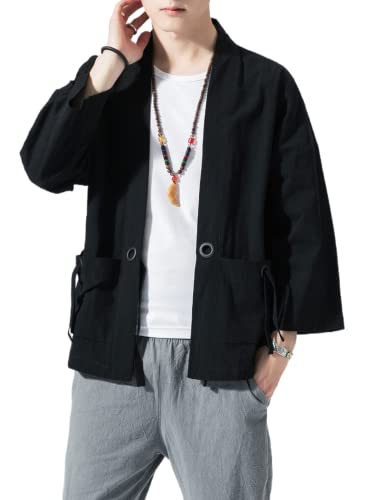 Image of Men's Japanese Kimono Cardigan Loose Cotton Linen 3 /4 Sleeve Open Front Casual Summer Shirt Jackets