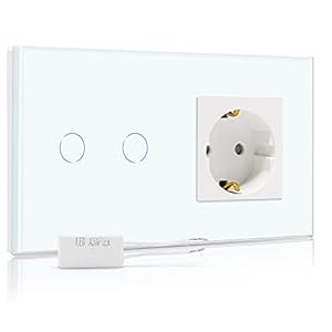 BSEED Dimmer Schalter mit Steckdose mit LED Anzeige 2 Fach 1 Weg Berühren Sie Das Sensorfeld Touchscreen Wandsteckdosen Led Dimmer Touch Lichtschalter Weiß