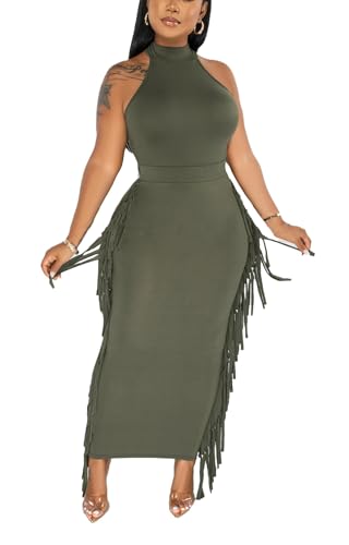 Image of 2 Piece Outfits for Women Sexy Halter Neck Sleeveless Crop Tops Ruched Bodycon Dresses Jumpsuits Fringe Skirt Sets