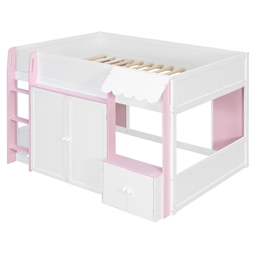 Image of Full House Loft Bed with Playhouse & Storage, Modern Wood Cabin Bed for Kids /Teens (White+Pink)