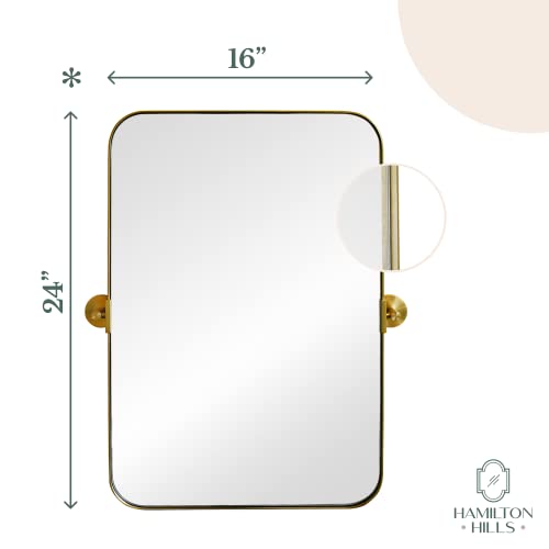 Hamilton Hills 16x24 inch Brushed Gold Metal Framed Mirror | Pivot Mirrors for Bathrooms | Rounded Corner Rectangular Frame with Tilt Mirror Brackets | Adjustable & Tilting Farmhouse Wall Vanity - Image 3