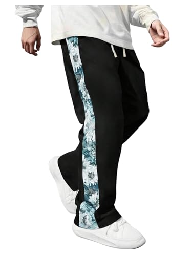 Verdusa Men's Floral Jacquard Baggy Pants Straight Leg Casual Long Trousers with Pockets