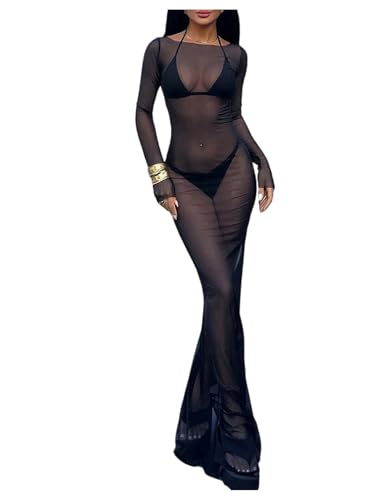 SweatyRocks Womens Sexy Mesh Maxi Dress Sheer Mesh Bodycon Cocktail Party Club Nightout Dresses Rave Outfits 2026 Black Small